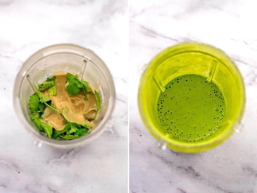 Blender filled with tahini cilantro dressing before and after blending.