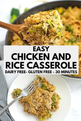 Chicken and rice casserole with no soup on plate and skillet.