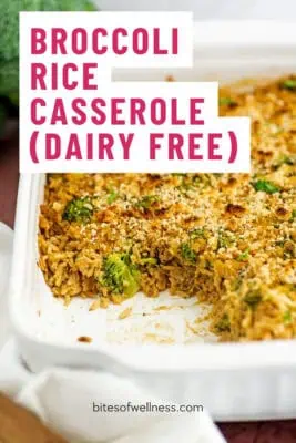 Casserole dish filled with broccoli rice casserole.