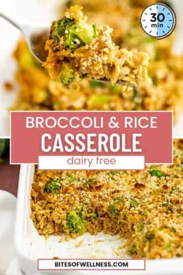 Casserole dish filled with broccoli rice casserole.