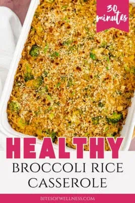 Casserole dish filled with broccoli rice casserole.