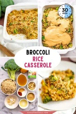 Casserole dish filled with broccoli rice casserole.
