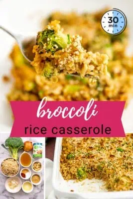 Casserole dish filled with broccoli rice casserole.