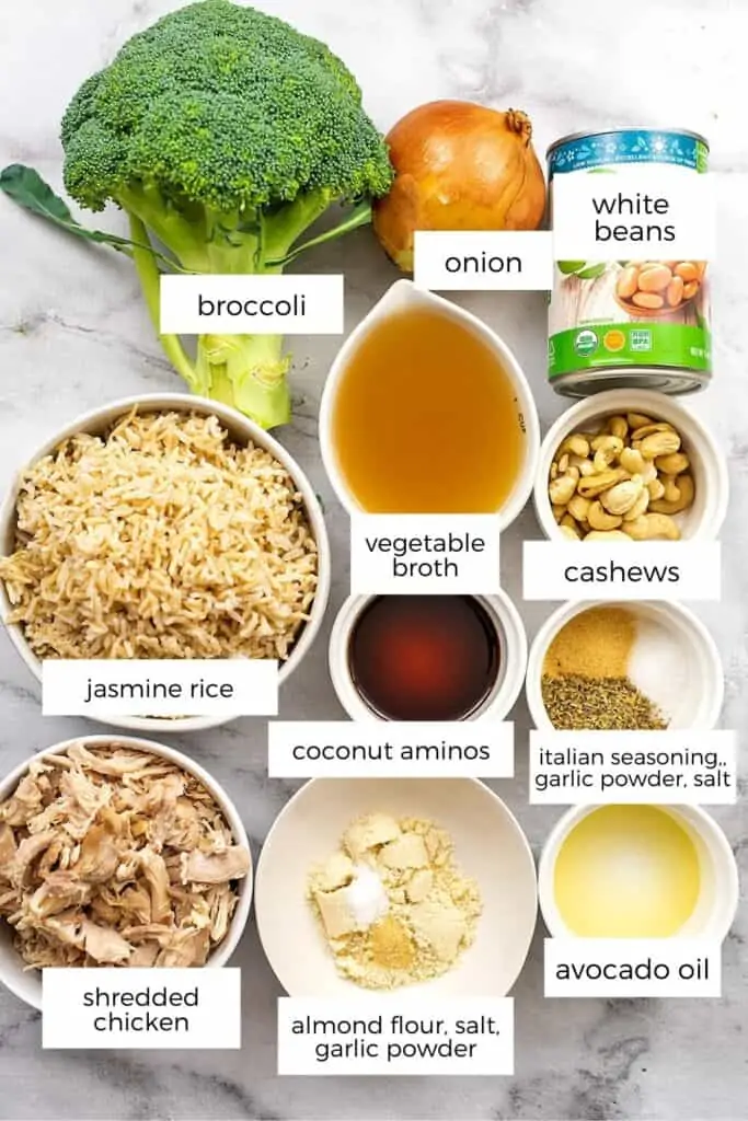 Ingredients to make dairy free chicken and rice casserole.