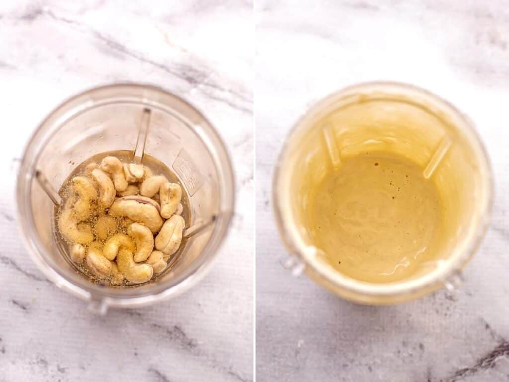 Vegan cashew cheese sauce in blender before and after blending.