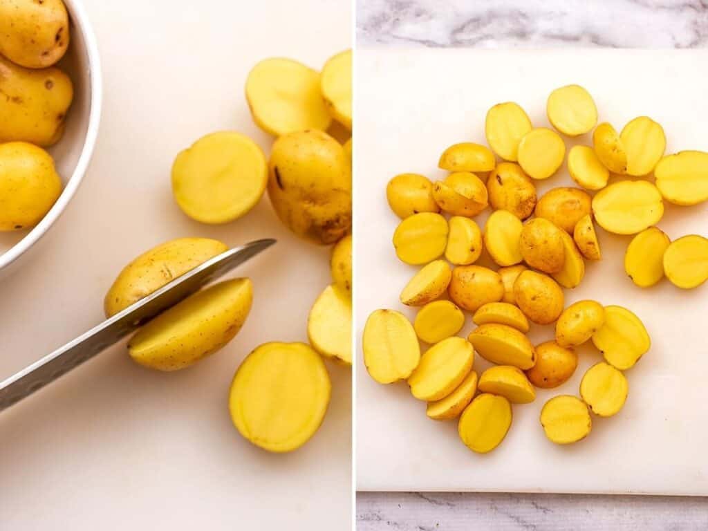 Steps on how to slice baby potatoes before cooking in air fryer.