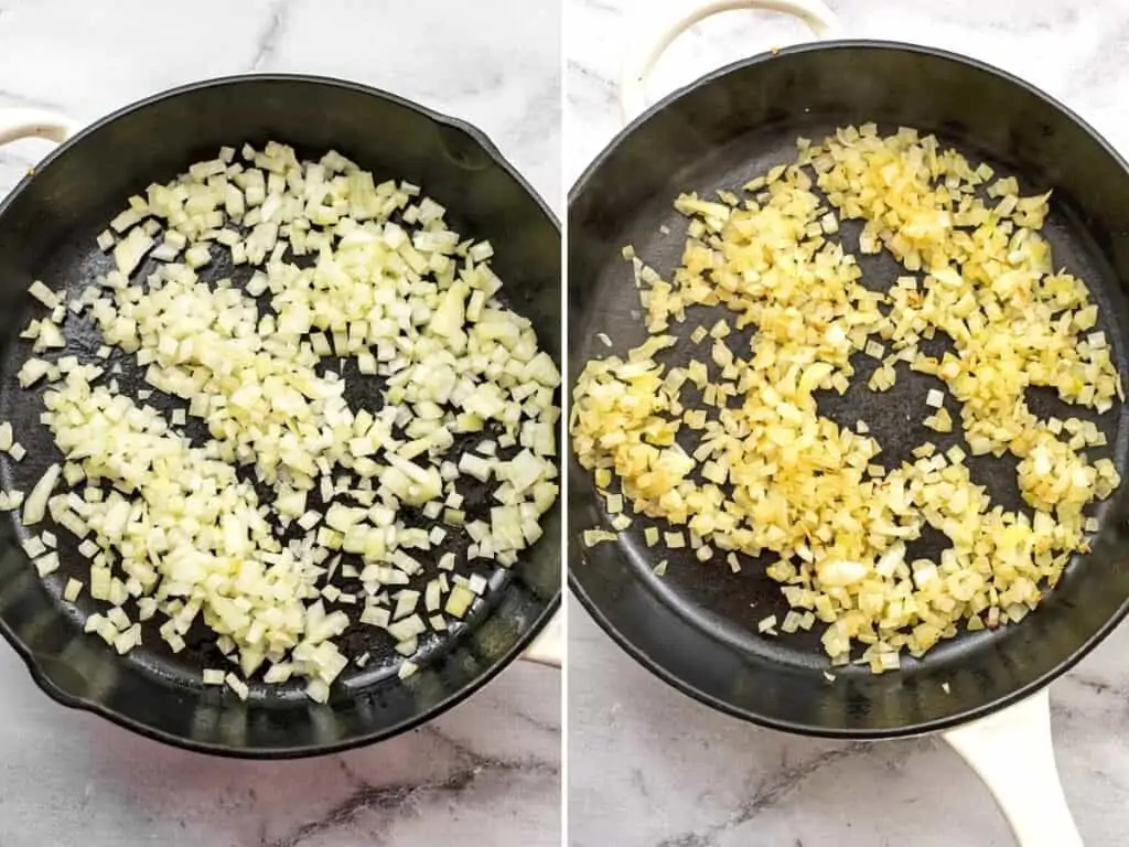 Cast iron skillet with onions, before and after cooking.
