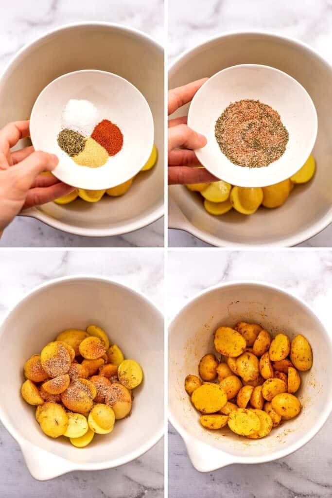 How to add spices to baby potatoes before cooking.