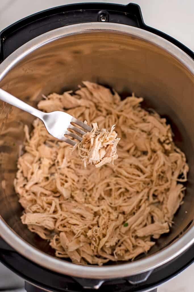 Fork holding shredded chicken over instant pot filled with chicken.