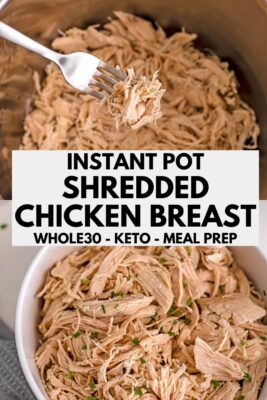 Instant pot shredded chicken in bowl and instant pot.