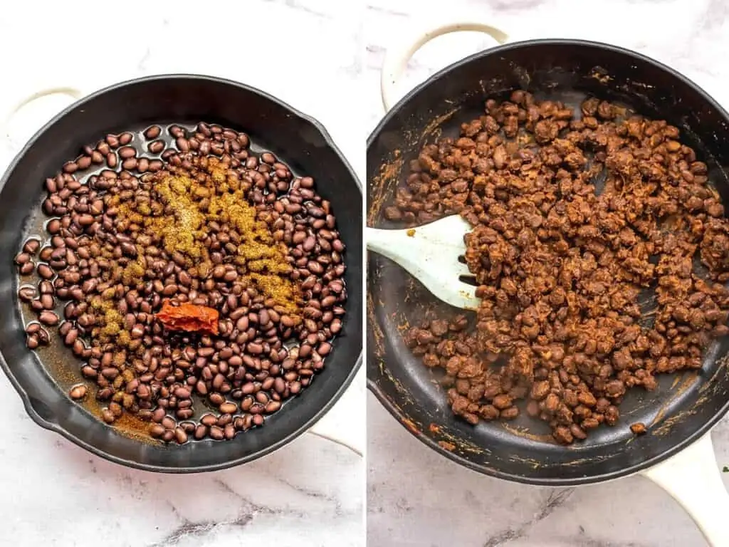Cast iron full of black beans and seasoning before and after cooking.