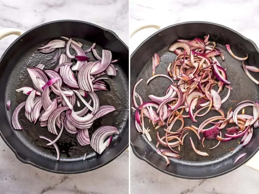 Before and after red onions being cooked in a cast iron skillet.