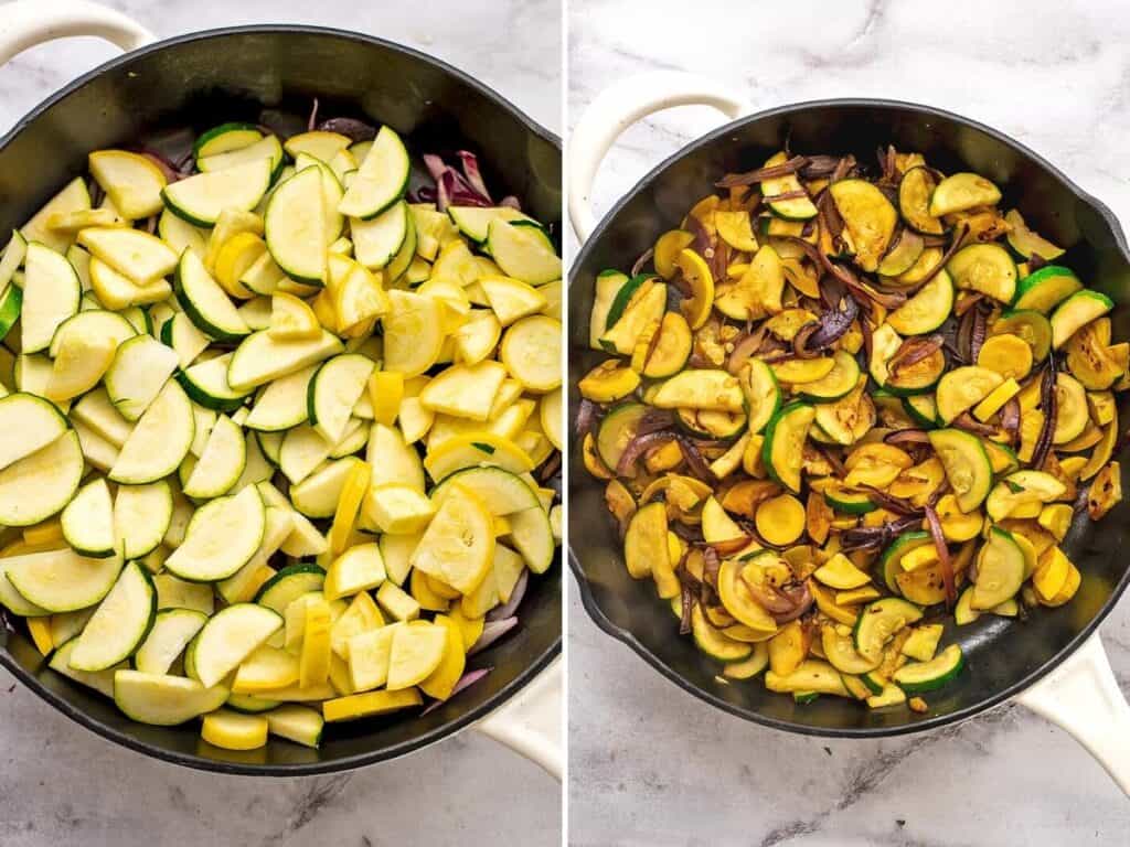 Before and after yellow squash and zucchini being cooked in skillet.