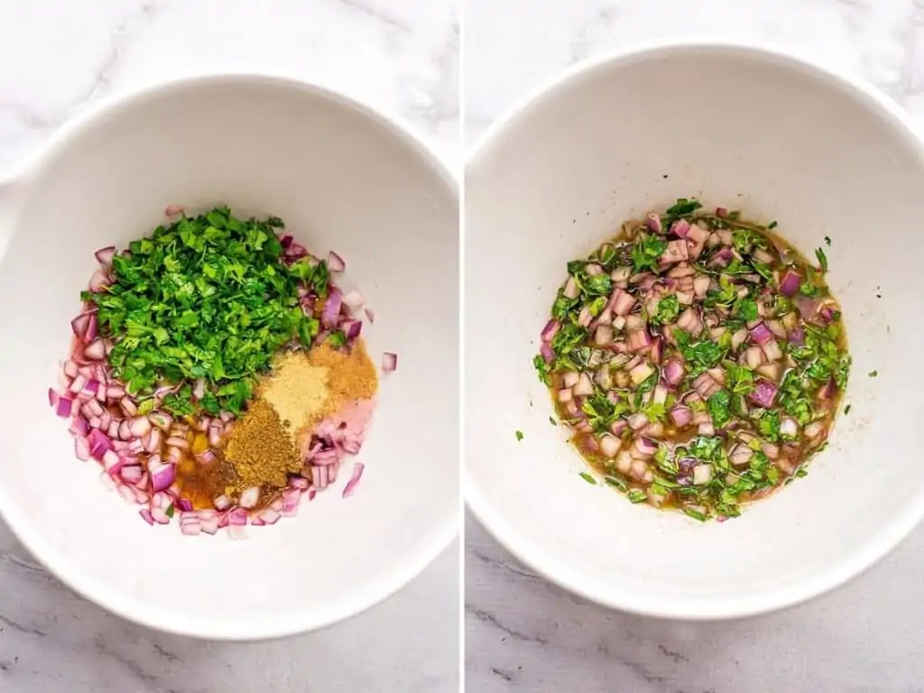 Before and after of combining dressing for Moroccan potato salad.