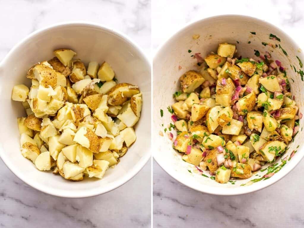 Before and after stirring potatoes into potato salad.