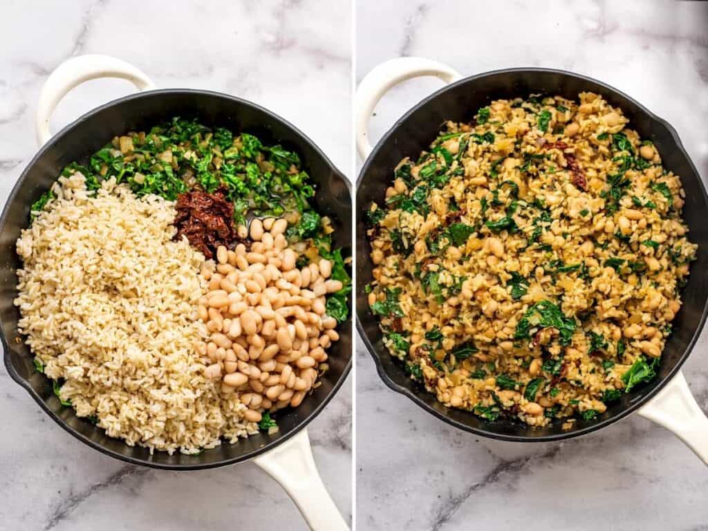 White beans, rice and sundried tomatoes added to the skillet of cooked kale.