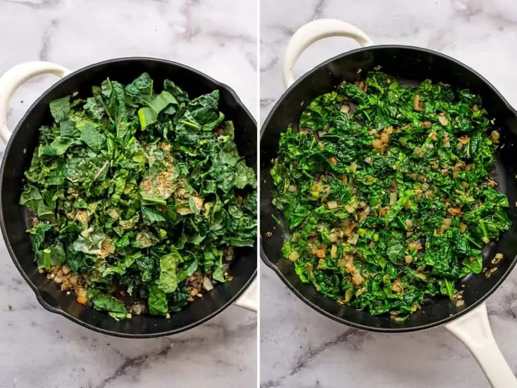 Cast iron skillet filled with kale, before and after cooking the kale down.