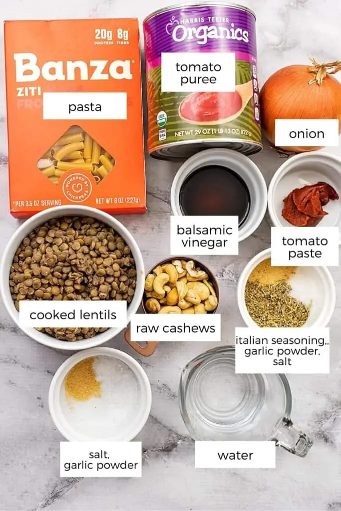 Ingredients to make vegan baked ziti.