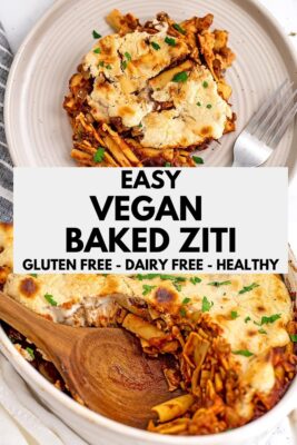 Vegan baked ziti on plate with fork.