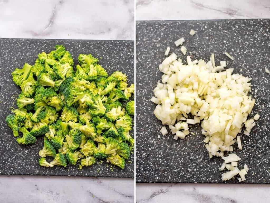 Chopped broccoli and finely chopped onions on cutting board.