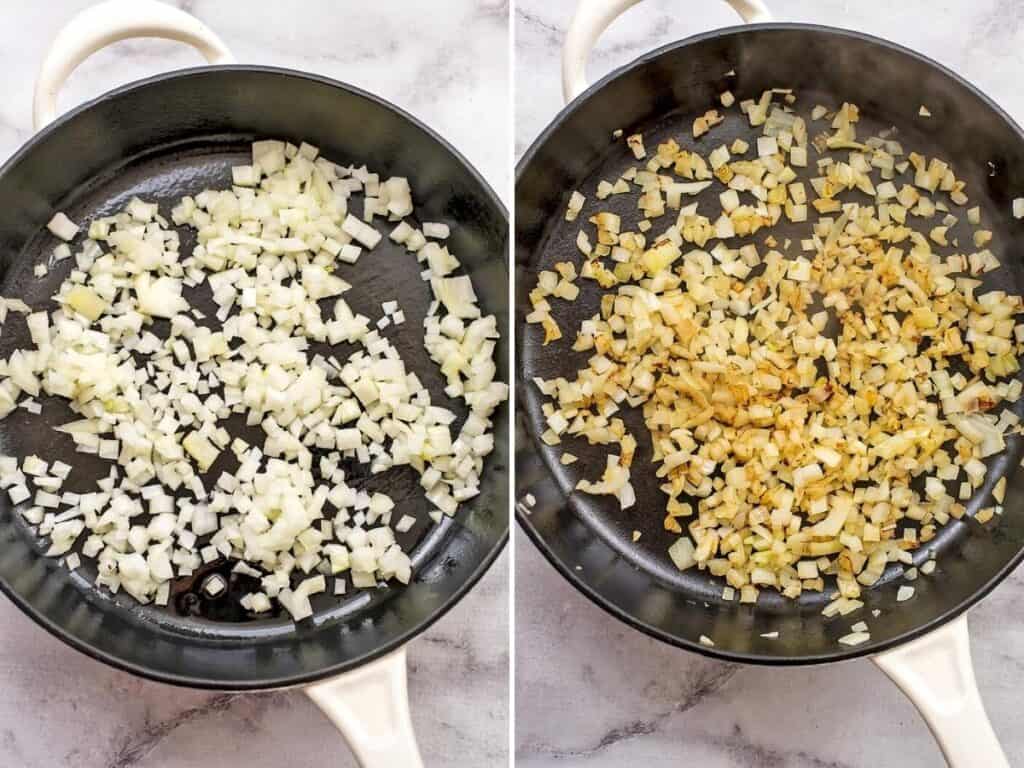 Before and after cooking white onions in a skillet.