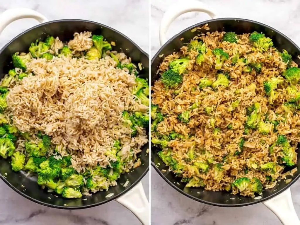 Rice being added to skillet before and after stirring.