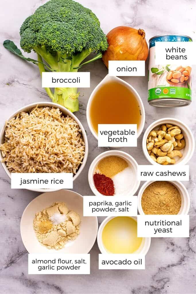 Ingredients to make vegan broccoli casserole.