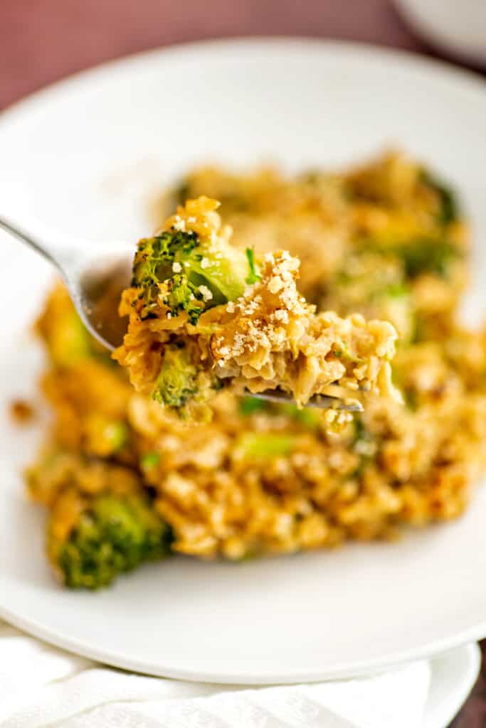 Forkful of vegan broccoli casserole.