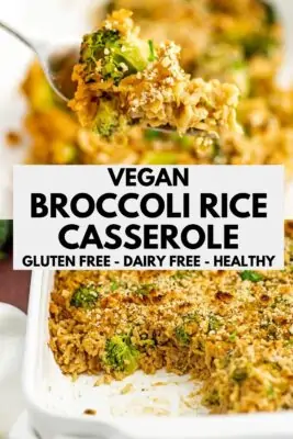 Vegan broccoli rice casserole on a fork and in a casserole dish.