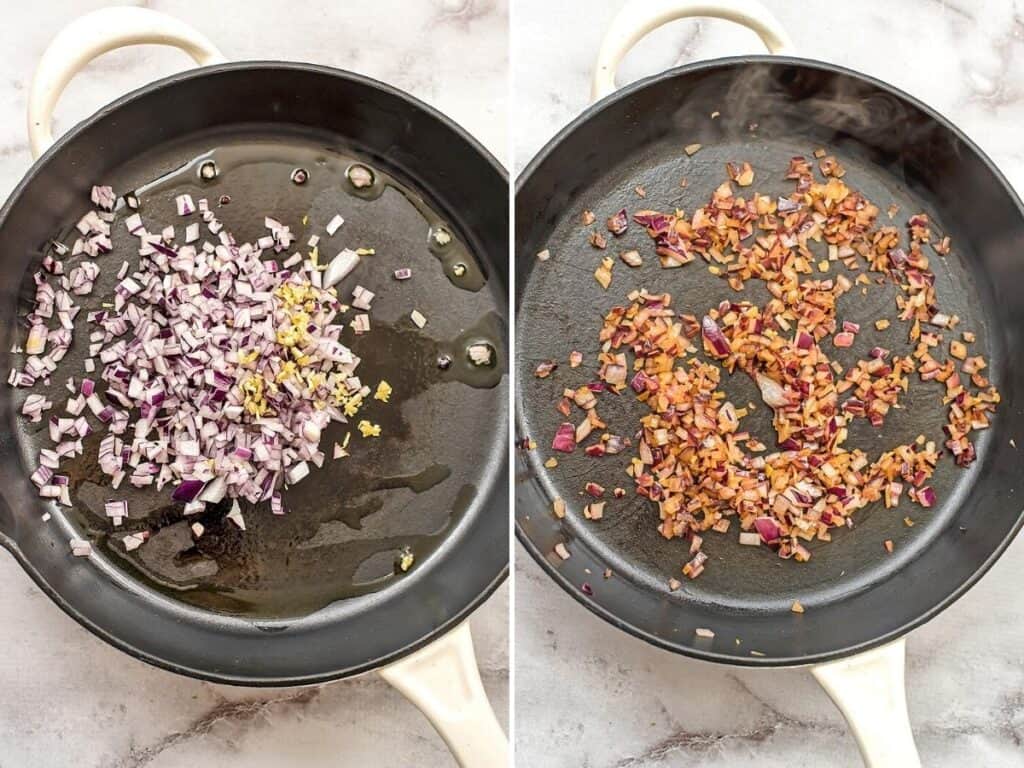 Cast iron skillet with onions and garlic before and after cooking.