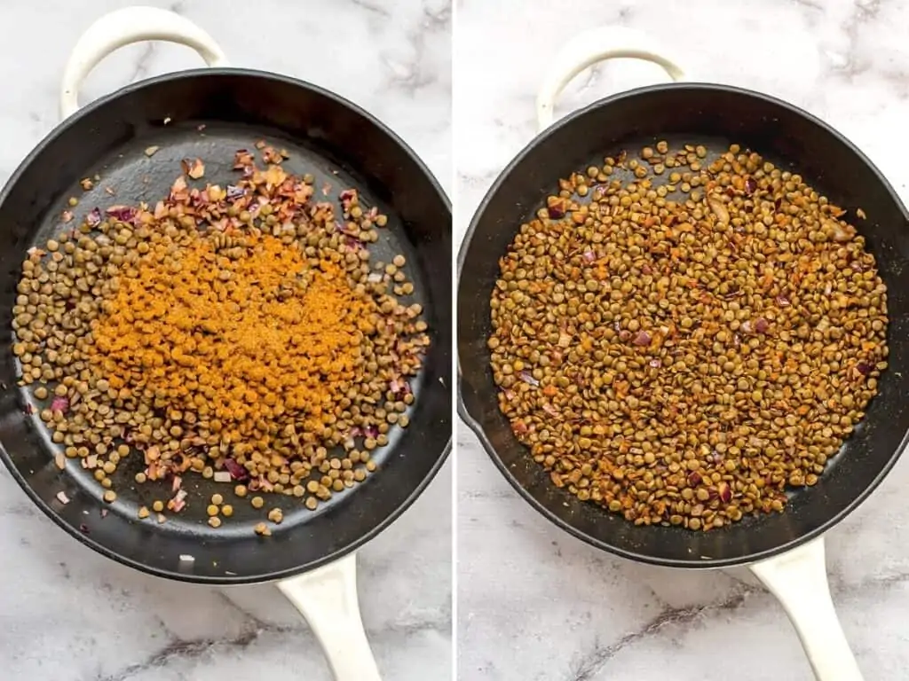 Cast iron skillet with lentils and spices before and after stirring.