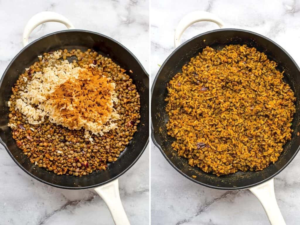 Rice and spices added to cast iron filled with lentils, before and after stirring.