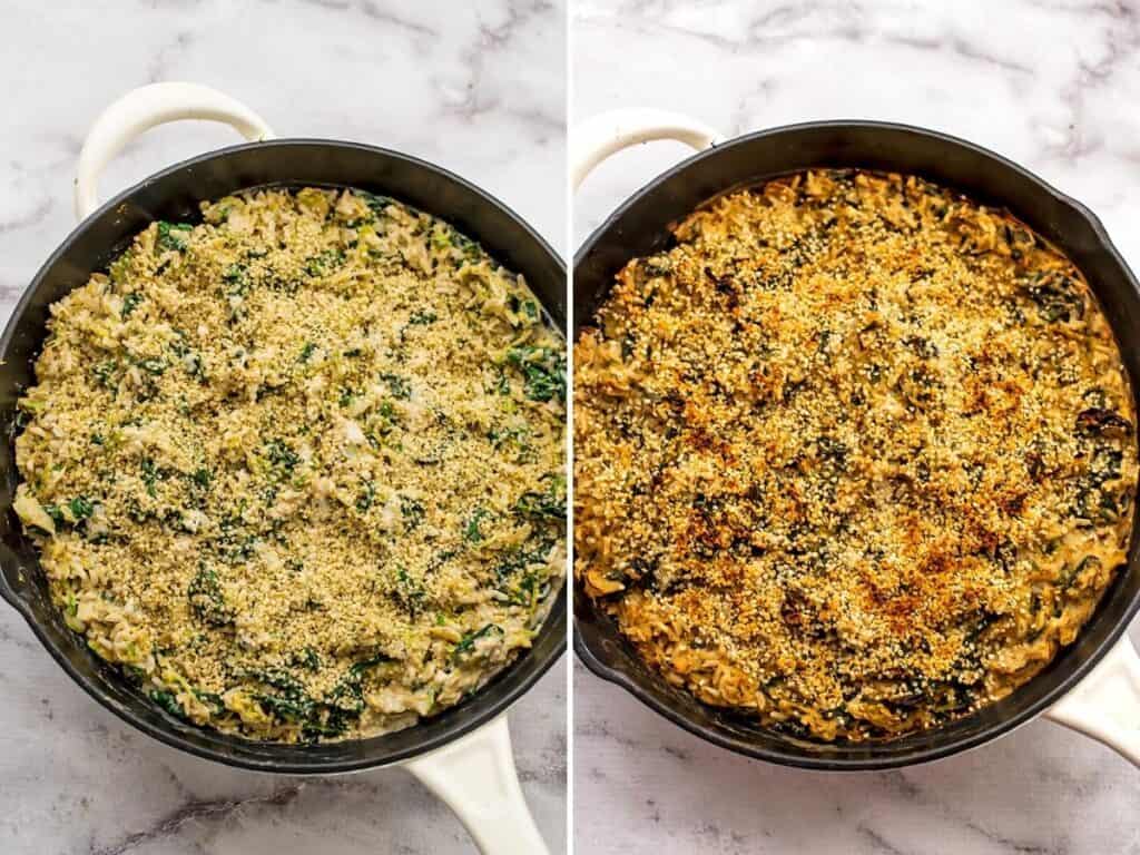 Brussel sprouts casserole before and after broiling.