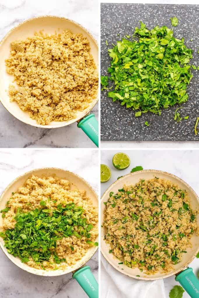 steps on how to make cilantro lime rice, chopping cilantro and stirring in the quinoa.