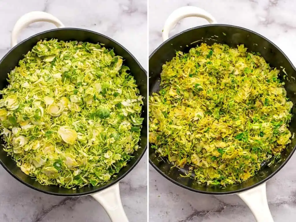 Shaved brussel sprouts in a cast iron skillet before and after cooking 5 minutes.