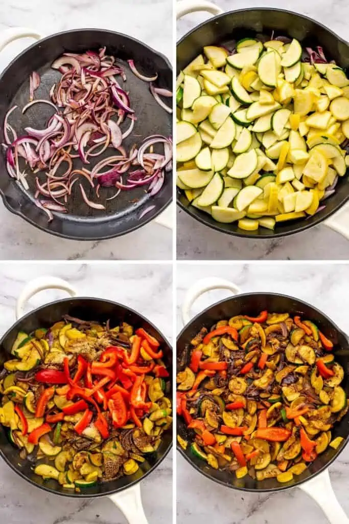 Steps on how to make Mexican veggies in cast iron skillet.