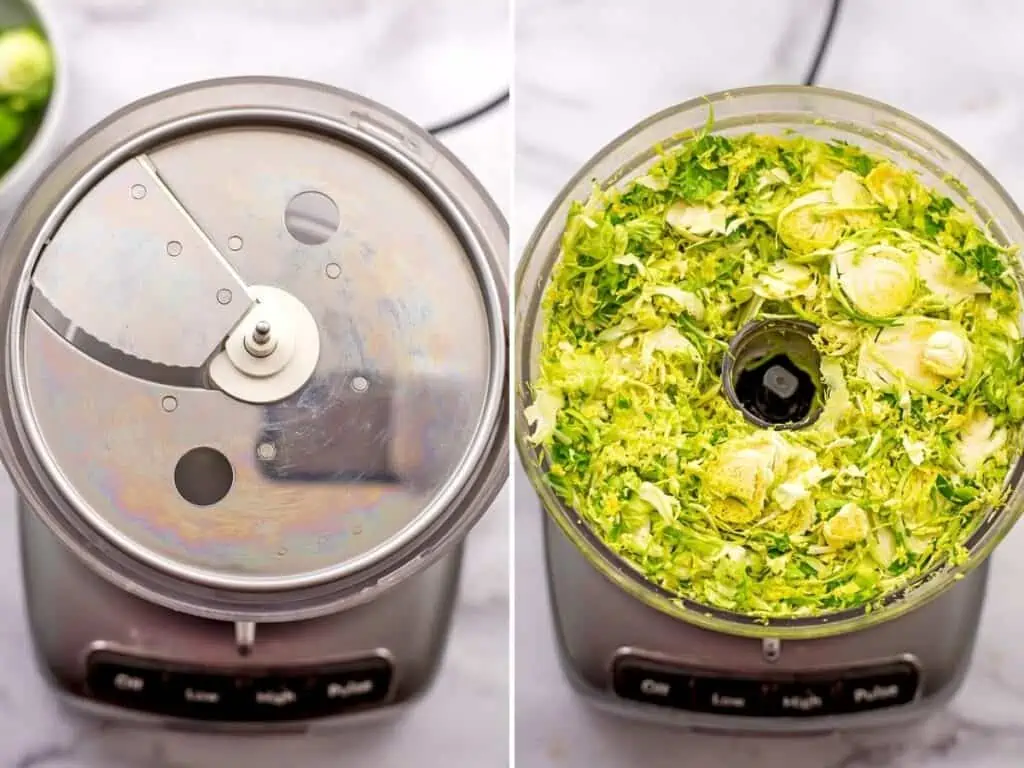 Food processor with slicing disk, shaved brussel sprouts in food processor.