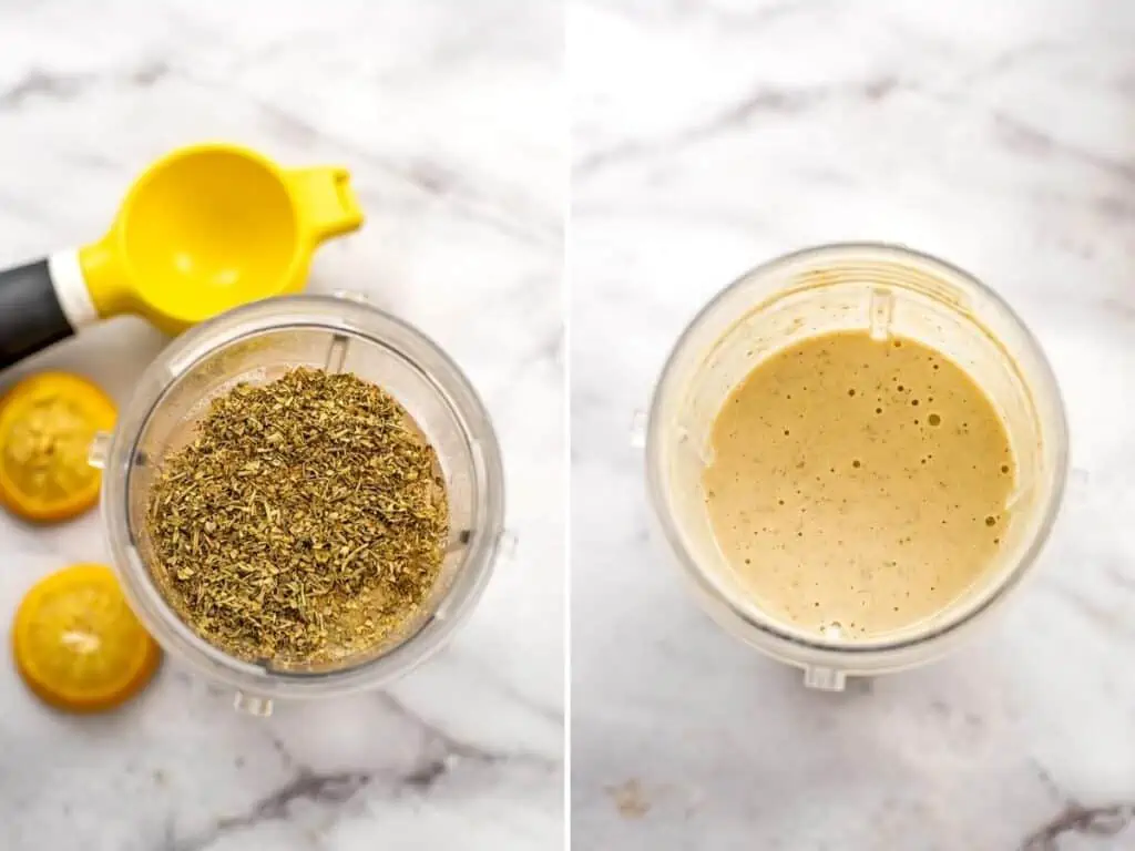 Before and after blending creamy lemon sauce.