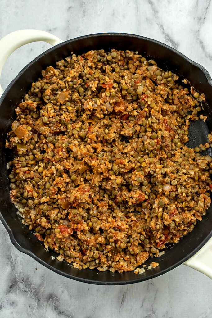 Lentil cauliflower taco mixture after combining ingredients but before cooking through.