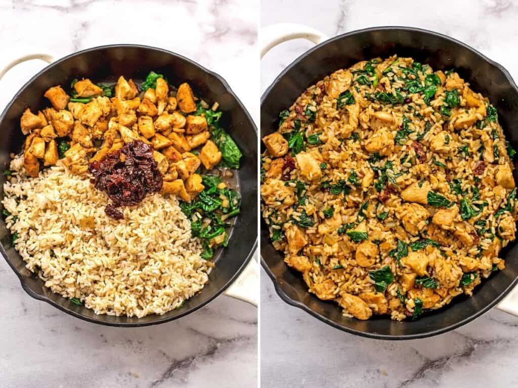 Before and after stirring rice, chicken and kale in skillet.