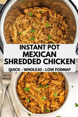 Instant pot Mexican shredded chicken in instant pot and white bowl.