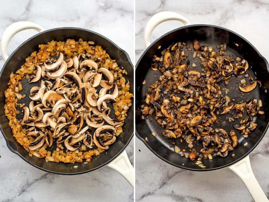 Cast iron skillet filled with cooked onions and sliced mushrooms, before and after cooking.