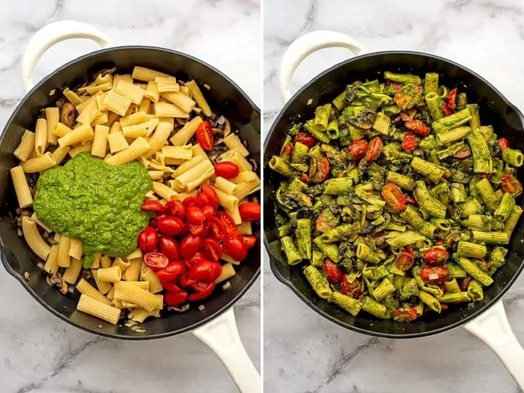 Skillet with pesto, pasta and sliced tomatoes.