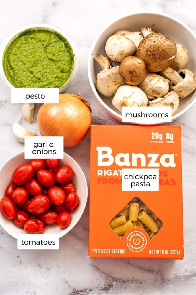 Ingredients to make pesto mushroom pasta.