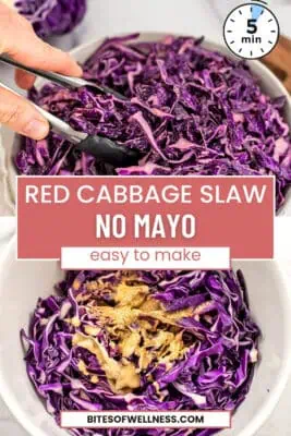 Tongs resting in a bowl of red cabbage slaw