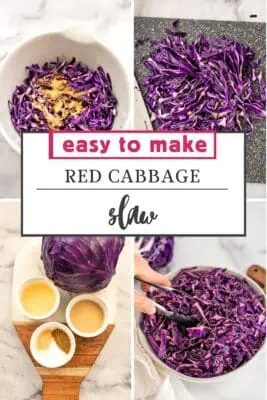 Tongs resting in a bowl of red cabbage slaw