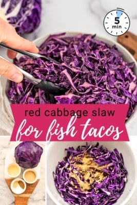 Tongs resting in a bowl of red cabbage slaw