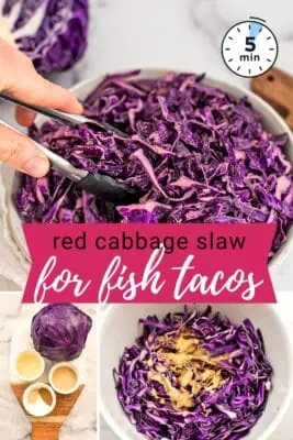 Tongs resting in a bowl of red cabbage slaw