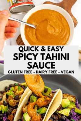 Spicy tahini sauce in bowl and over tacos.
