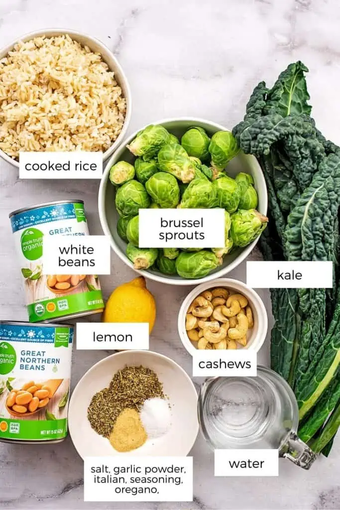 Ingredients to make vegan brussel sprouts casserole.